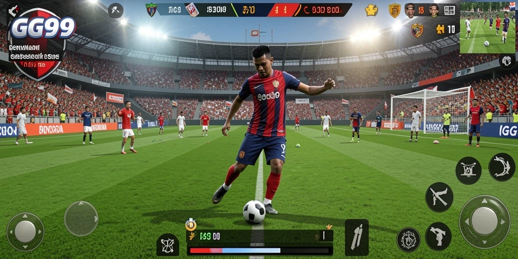 Screenshot GG99 menampilkan aksi permainan sepak bola yang mendebarkan.